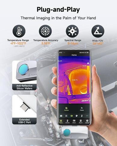 كاميرا FOXWELL RT100 الحرارية للهواتف الذكية التي تعمل بنظام Android، كاميرا تصوير حراري بدقة 256 × 192 بالأشعة تحت الحمراء، تصوير حراري لفحص تسرب المنزل/السيارات، دقة درجة حرارة محسنة، معدل إعادة الإطار 25 هرتز in Kuwait