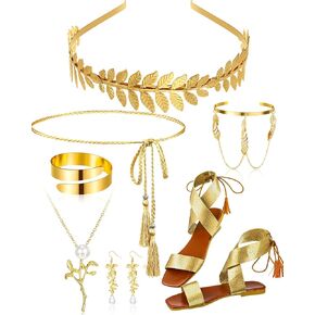 Geyoga 7 Pcs Greek Goddess Costume Accessories for Women Sandals Toga Jewelry for Halloween Cosplay