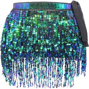 Sequin Skirt 4-Layer Fringe Skirt Sparkly Tassel Skirt Belly Dance Hip Scarf Glitter Rave Skirt for Women Girls
