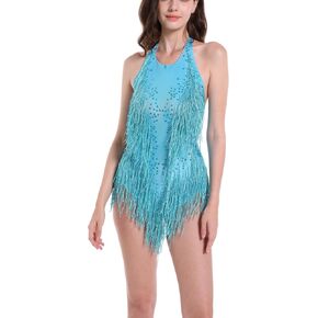 Sparkly Sky Blue Rhinestone Bodysuit for Women Dance Fringe Latin Jazz Leotard Drag Queen Costume Party Clubwear