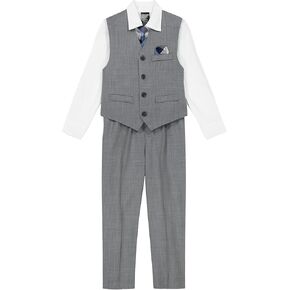 Nautica Boys' 4-Piece Formal Suit Set, Vest, Pants, Collared Dress Shirt, and Tie, Light Grey Deco Sharkskin