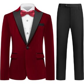 Lamgool Boys Velvet Suit Slim Fit 4 Piece Tuxedo Set with Blazer Jacket Dress Shirt Pant Bow Tie Kids Wedding Formal Outfit