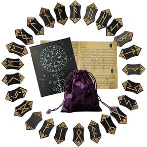 Runes Set, 25Pcs Wooden Viking Runes, Rune Stone Set with Guide Book, Velvet Bag, Norse Runes for Beginners, Witchcraft/Divination/Meditation/Spiritual