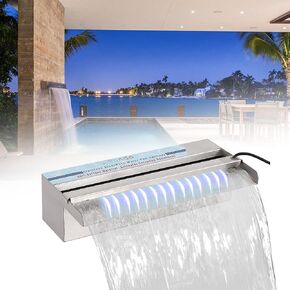 PONDO 12 Inch 316 Stainless Steel Spillway with 7-Color LED Light Bar, Salt Water Corrosion Resistant Lighted Waterfall Pool Fountain Designed for Seawater Use, Waterfall Spillway for Garden Outdoor