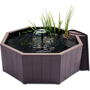 Pennington Aquagarden, Affinity Half-Moon No-Standing Pond, Water Feature Pool, Includes Inpond 5 in 1 300 Pond & Water Pump with UV Clarifier, 89 Gallon Decking Pond, Three Fountain Displays, Mocha