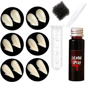 Halloween Cosplay Vampire Kit - 6 Pairs Vampire Fangs & Fake Blood Plasma & Solid Adhesive & Stipple Sponge, Realistic Vampire Accessories for Halloween Costume Makeup Adult Vampire Fang