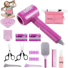 15PCS Hair Salon Toys for Girls，Kids Beauty Salon Toy Kit Pretend Hair Styling Set with Blow Dryer, Stylist Toolbag，Scissors and Stylist Accessories