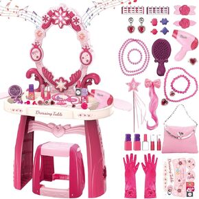 deAO Toddler Vanity Makeup Table Toy with Mirror & Chair,Kids Vanity with Light&Music,Pretend Play Makeup Toy with Hair Dryer Toy,Toddler Beauty Salon Set,Gift for Girls 3 4 5