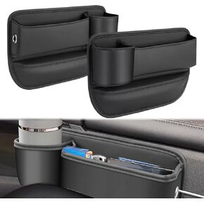 Car Seat Gap Filler Organizer with Cup Holder, 2 Pack Adjustable Leather Car Side Seat Storage Box, Multifunction Car Interior Storage Organizer for Phones Keys Sunglasses Cards, Black