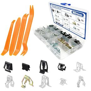 104Pcs Metal Auto Trim Panel Spring Clip Assortment Set with Removal Tools, 7.9/10/ 11/13.1/14.1/15.3/15.8/16/17.3/18.2mm Car U-Clip Moulding Fastener Compatible with Audi VW