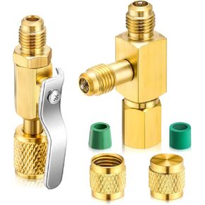 4 Pcs Air Conditioner Ball Valve and Quick Coupler Access Tee 1/4" SAE Adapter Kit Valves Core Tee Adapter with Swivel Connector and Straight Refrigerant Valve for R134A R22 R12 R410A