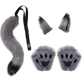 Wolf Fox Tail Hair Clips Ears and Gloves Set Halloween Party Werewolf Set Wolf Tail Clip Plush Ears and Gloves Wolf Fox Costume Set Dress Up Cosplay Costume