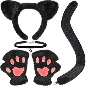 Black Cat Costumes, Cat Ears Headband Cat Tail Cat Paws Gloves Collar Set, Cat Costumes for Women, Halloween Cat Costume Accessories for Adults Girls
