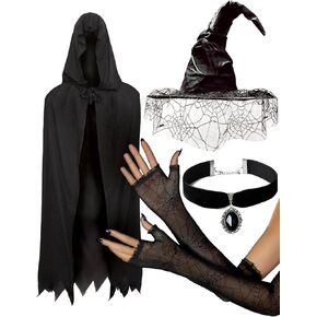 OLYPHAN Witch Costume for Women Halloween with Witch Hat Black Hooded Cloak Cape Spider Lace Gloves and Antique Like Pendant Choker Black Witch 4PC Accessories Set