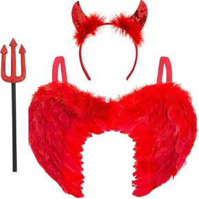 3pc Devil Costume Women - Red Angel Wings Adult Red Devil Horns and Fork Devil Set - Womens Devil Costume Red Devil Halloween Costume - Red Devil Wings Devil Pitchfork and Devil Halloween Headband
