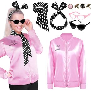 QZYL Pink Lady Costume, 1950s Pink Satin Jacket with Neck Scarf Headband Earrings Eye Glasses Cosplay Set for Women Girls