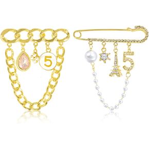 2 Pcs Vintage Number 5 Lapel Pins and Fashion Chain Brooch Imitating Rhinestone Crystal Brooch Pin