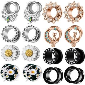8 Pairs Ear Gauges For Women Black Internally Flare Earrings Plugs Gauges For Ear Stainless Steel Plug Tunnel Piercing Stretcher Kit 00g 0g-5/8'' inch
