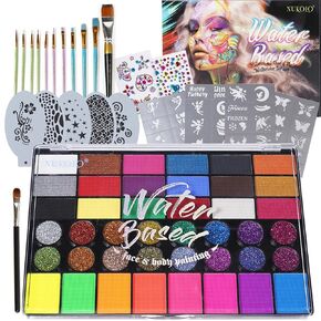 42 Color Face Painting Kit for Kids - Non Toxic Water Activated Face Paint Makeup Palette With Stencils, Brush, gems. Ideal for Carnival, Halloween, Costume Makeup, all Activities and Festivals.