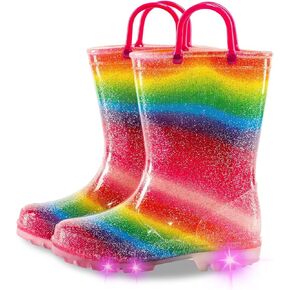 Kids Toddler Rain Boots for Girls Boys Light Up Waterproof Rain Shoes Patterns and Glitter Boot with Easy On Handles