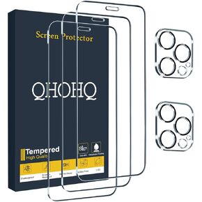 QHOHQ 3 Pack Screen Protector for iPhone 12 6.1 Inch with 2 Pack Tempered Glass Camera Lens Protector, Ultra HD, 9H Hardness, Scratch Resistant, Easy Install - Case Friendly