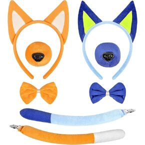 MUKOSEL Blue Dog Ears Costume Set Blue Orange Dog Ears Headband Nose Bow Tie and Tail, Puppy Dog Ears Costume Accessories Halloween Animal Headwear for Children Adult