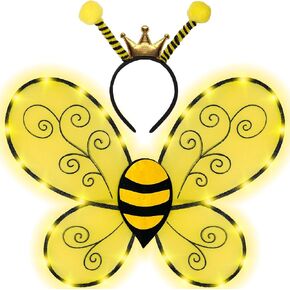 Funcredible Bee Headband and Bee Wings - Light Up Bumble Bee Halloween Costume for Women - Bumble Bee Antenna Headband - Bumblebee Costume Accessories for Kids and Adults