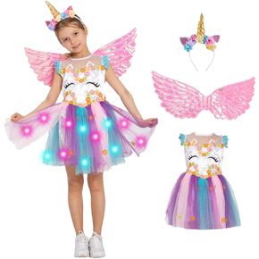 Girls Unicorn Dress Light Up with Headband Wings for Kids Toddlers Halloween Costume Princess Dress Up Birthday Party