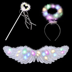 31.5‘’Angel Wings, Light Up Angel Costume Wings and Halo, Feather Angel Wings Costume for Women Kids Girls Halloween Cosplay