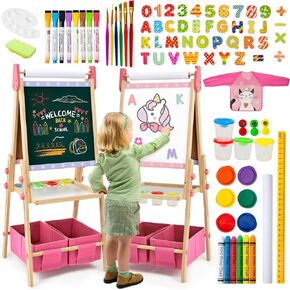 Kids Easel Including 100+ Accessories, Dual-Sided Wooden Easel for Kids Girls Age 3-12 with Magnetic Chalk & Painting Board, Free Height Adjustable Art Easel Supplies for Toddlers (Pink)
