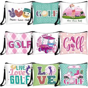 Skylety 9 Pieces Golf Gift Cosmetic Bags Golf Makeup Bag Golf Pouch Cosmetic Toiletry Organizer Case for Golfer Team Ladies Girls, 9 Styles