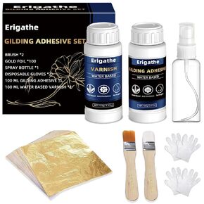 Gold Leaf Kit, 100ml x2 Gilding Adhesive Set, Water Based Adhesive and Varnish with Gold Leaf Sheet 100 Pcs for Craft, Painting, Arts and Decoration