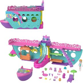 Polly Pocket Portable Boat Playset with Water Play & Color-Change Accessories, Unicorn Dream Cruise Includes 1 Doll & 23 Total Pieces