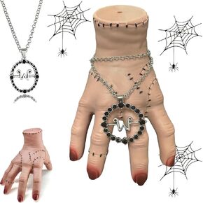 Long Straight Black Braided Wig with Bangs Halloween Party Wig，Halloween Wig, Hand and Necklace Set for Halloween Costume Combination. (A Wig + Hands + Necklace)