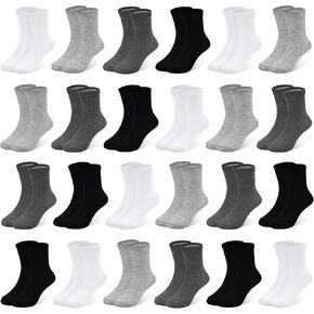 Toddler Socks, 24 Pairs Kids Socks for Boys Girls 1-14 Years Kids Crew Socks Multipack Athletic White Black Grey