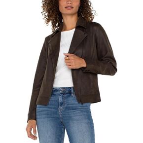Liverpool Los Angeles Women's Moto Jacket Faux Leather, Black Olive, Medium