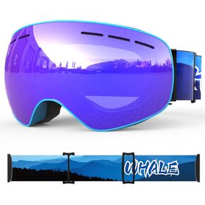 Whale Ski Goggles OTG, Over Glasses Snowboard Goggles for Men, Women Adult, Anti Fog Snow Goggles 100% UV Protection Modern Spherical Lens