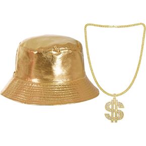 Hip Hop Costume Hat Kit 80s 90s Gold Bucket Hat with Dollar Sign Necklace Rapper Costume Party Decorations for Men and Women
