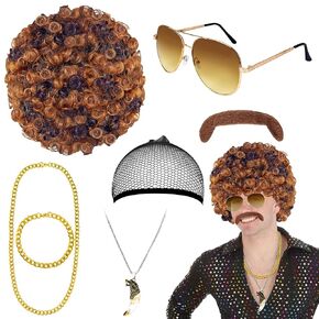 7PCS 70s 80s Disco Wig for Men, Afro Wig for Men Short Curly Disco Wig Costume Accessories for Cospay Hippies Party