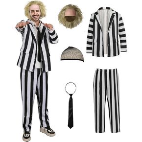 Halloween Black White Striped Costume,Unisex Adult Suit Scary Cosplay Costume with Wig Necktie Accessories