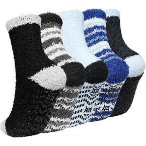 ZAKASA Fuzzy Socks for Men with Grips Winter Warm Thick Mens Slipper Socks Fluffy Cozy Non Slip Grippers Socks 5 Pairs
