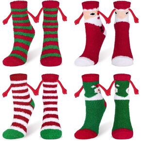 4 Pairs Christmas Holding Hands Fuzzy Socks for Men Women Magnetic Hand in Hand Christmas Socks 3D Couple Magnetic Hand Socks Mid Tube Sock Novelty Fluffy Funny Xmas Gifts for Couples Friends New Year