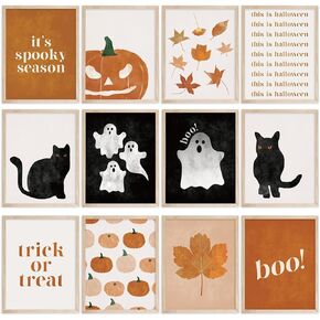 JarThenaAMCS 12Pcs Halloween Wall Art Prints Boho Pumpkin Ghost Black Cat Art Poster Fall Black Orange Wall Decor for Autumn Gallery Living Room Bedroom (UNFRAMED 8 x 10 Inch)
