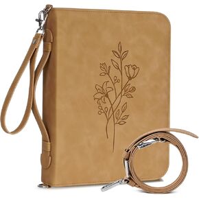 Bible Cover Case for Women with Detachable Shoulder Strap & Wristlet Strap, Bible Case, PU Leather Debossed Floral Bible Cover, Christian Gifts for Women, Church Bag with Bible Study Supplies, Brown