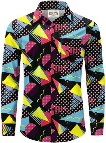 Mainfini Men's Hippies 70s Dress Shirt Floral Long Sleeve Button Shirts Paisley Printed Shirt (S-XXL) in Kuwait