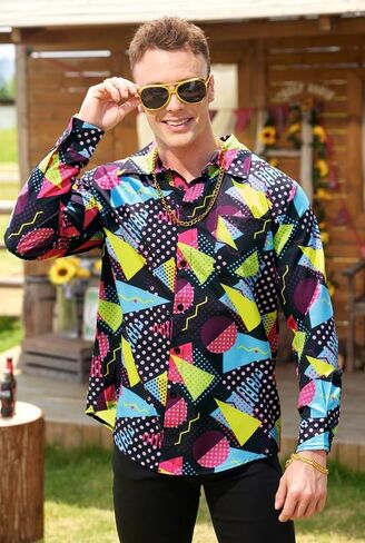 Mainfini Men's Hippies 70s Dress Shirt Floral Long Sleeve Button Shirts Paisley Printed Shirt (S-XXL) in Kuwait