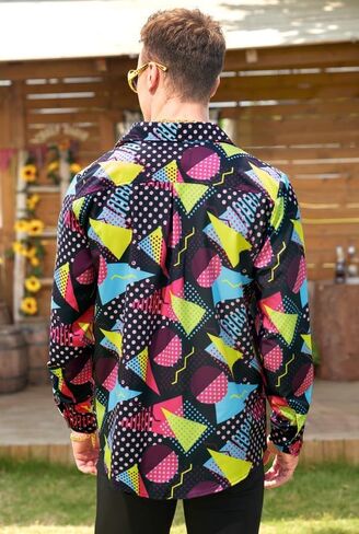 Mainfini Men's Hippies 70s Dress Shirt Floral Long Sleeve Button Shirts Paisley Printed Shirt (S-XXL) in Kuwait