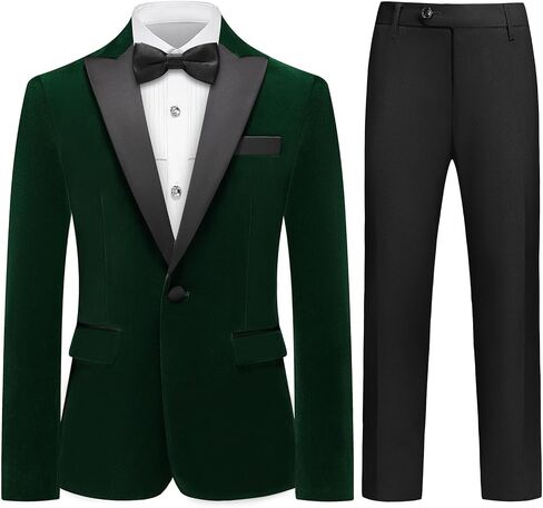 Lamgool Boys Velvet Suit Slim Fit 4 Piece Tuxedo Set with Blazer Jacket Dress Shirt Pant Bow Tie Kids Wedding Formal Outfit in Saudi Arabia