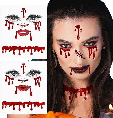 2 Sets Vampire Face Jewels, Halloween Red Blood Costume Face Rhinestone Gems Stick on, Festival Cospaly Accessories for Women Girls Makeup in Kuwait