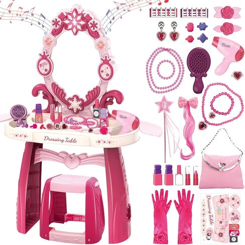 deAO Toddler Vanity Makeup Table Toy with Mirror & Chair,Kids Vanity with Light&Music,Pretend Play Makeup Toy with Hair Dryer Toy,Toddler Beauty Salon Set,Gift for Girls 3 4 5 in Kuwait